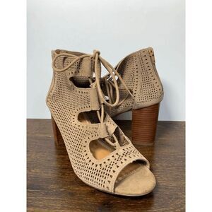 Crown Vintage Women Eralicia Peep Toe Heeled Bootie Lace Up Back Zip Taupe US 9